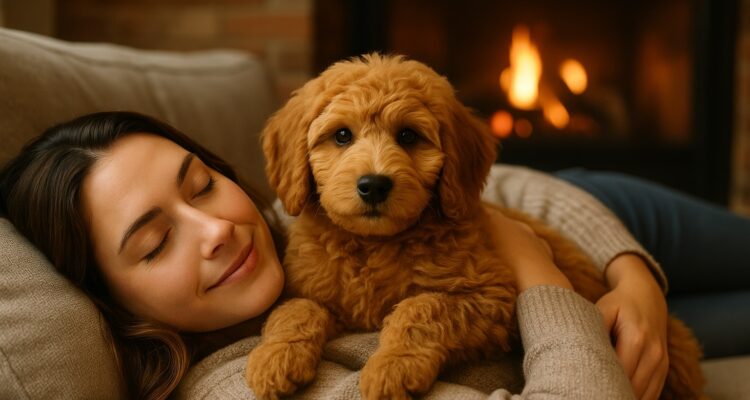 Woman lying on a couch cuddling a Goldendoodle puppy by the fireplace