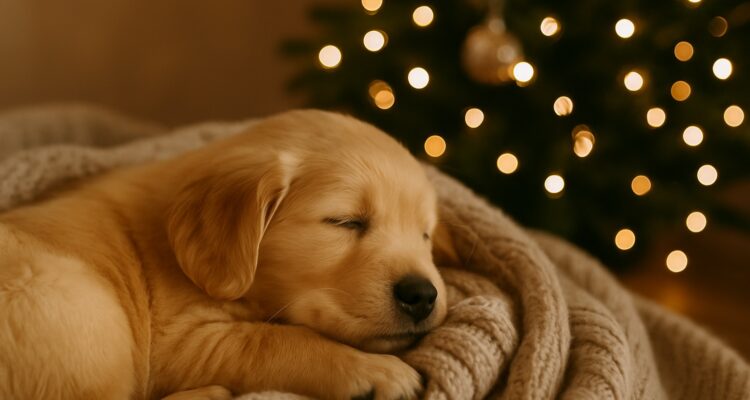 A sleepy golden retriever puppy curled in a cozy blanket