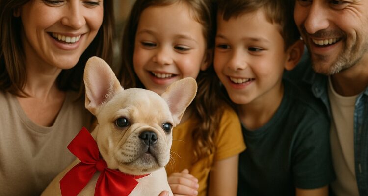family welcoming a french bulldog puppy